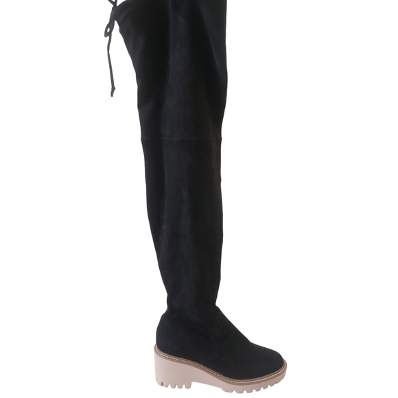 Nicole Miller Bass Black Vegan Leather Grunge Over The Knee Chunky Heeled Boot - Picture 4 of 13